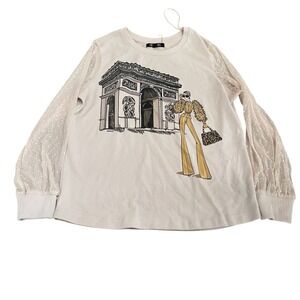 Love‎ + Lace Paris Graphic Top Cream Mesh Polka Dot Sleeve Rhinestone Large